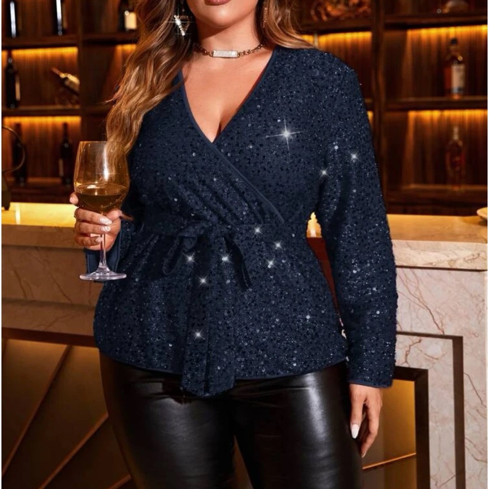 Plus Size Surplice Neck Sequin Wrap Tie Top Blouse Shirt BLACK